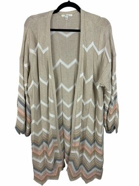 89th + Madison Longline Chevron Knit Cardigan 1X Boho Open Front Duster Neutral